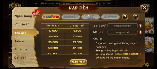 Nạp tiền qua thẻ cào tại iWin Club.