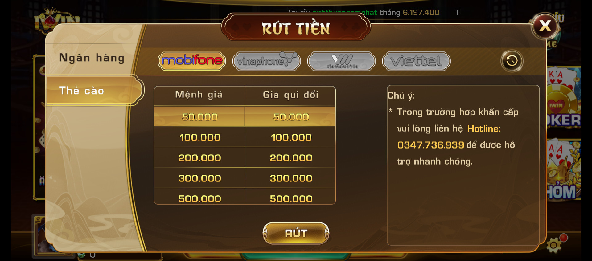 Rút tiền qua thẻ cào tại iWin Club.