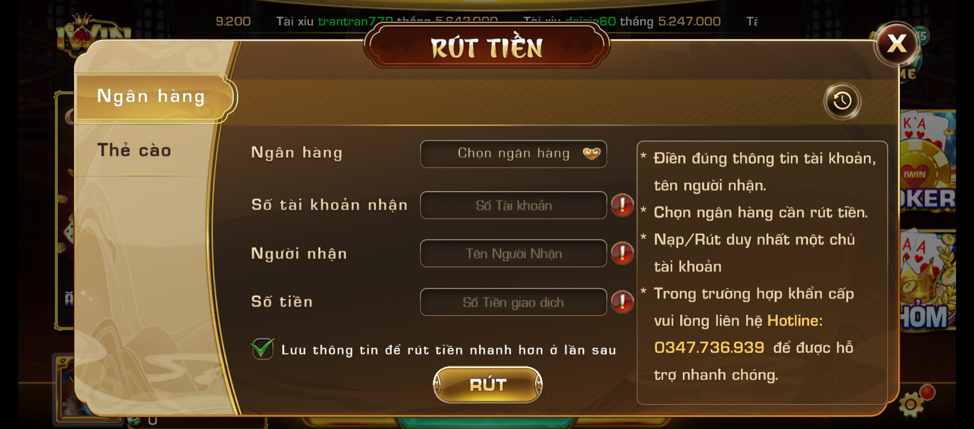 Rút tiền về ngân hàng tại iWin Club.